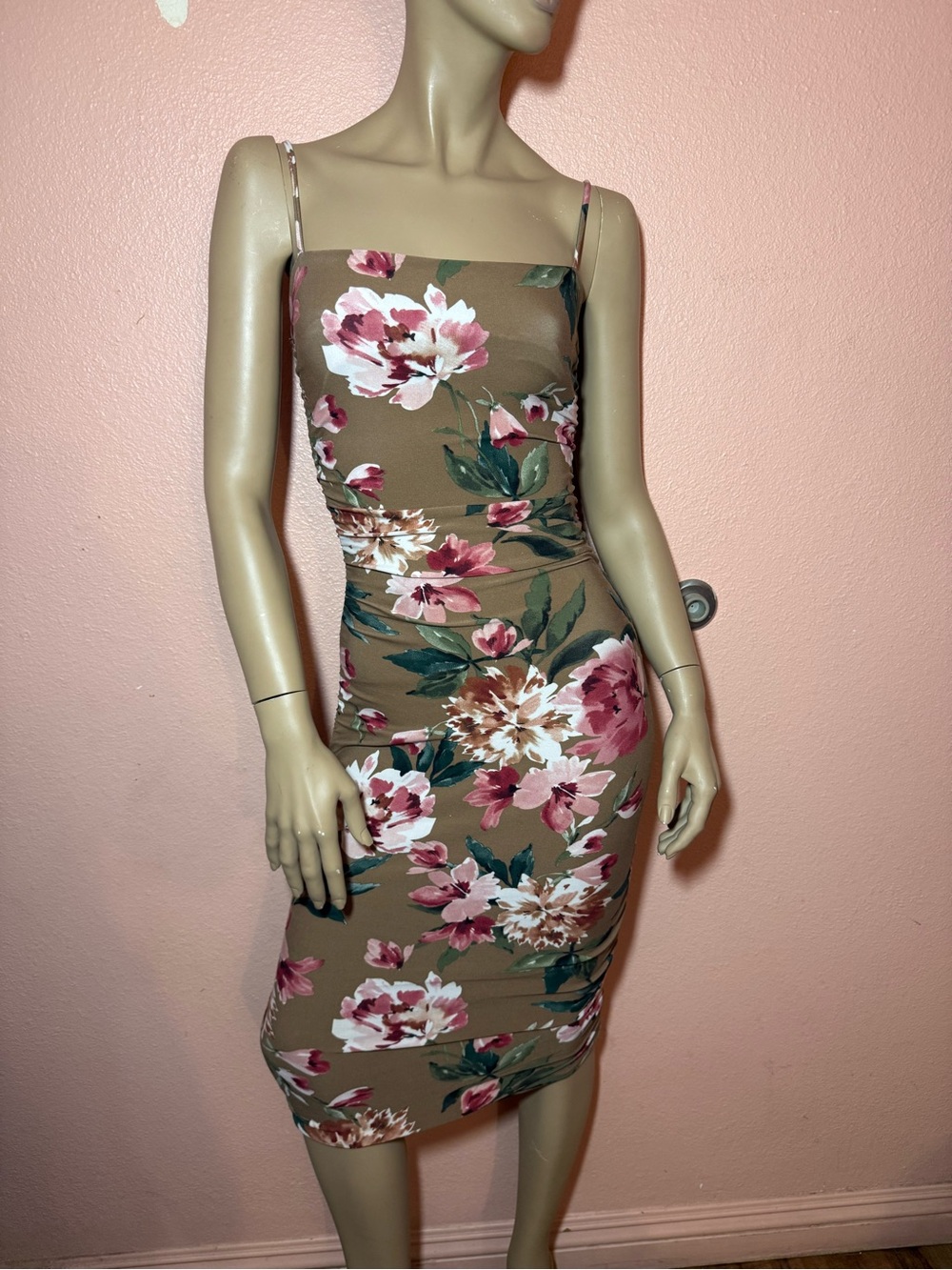 Windsor Floral Ruched Bodycon Midi Dress Size Small Brown Pink